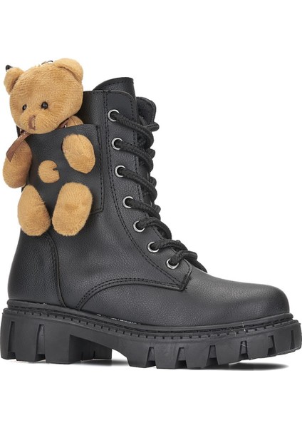 Ayıcık Kız Çocuk Anatomik Kalın Taban Ayıcık Aksesuarlı Bağcıklı Bot Siyah