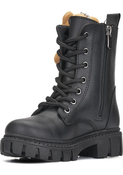 Ayıcık Kız Çocuk Anatomik Kalın Taban Ayıcık Aksesuarlı Bağcıklı Bot Siyah