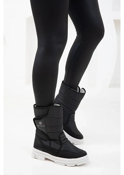 Lady İçi Termal Kaydırmaz Taban Cırtlı Kız Çocuk Kar Botu Siyah Beyaz