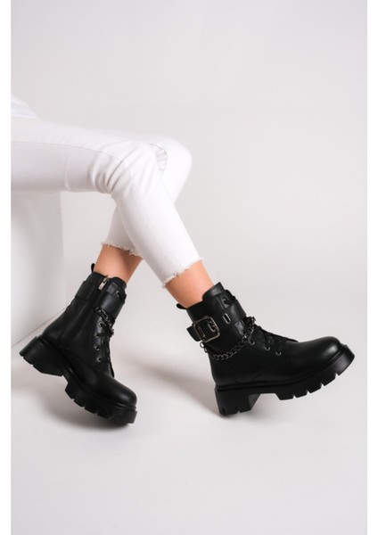 ManoralSu Geçirmez Zincirli Fermuarlı Kadın Siyah Bot
