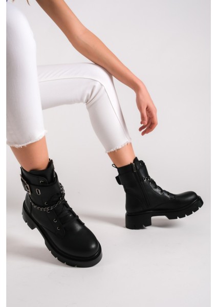 ManoralSu Geçirmez Zincirli Fermuarlı Kadın Siyah Bot