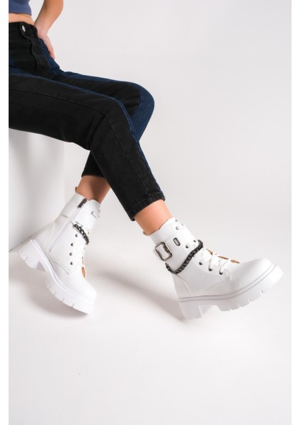 Manoral Su Geçirmez Zincirli Fermuarlı Kadın Beyaz Bot