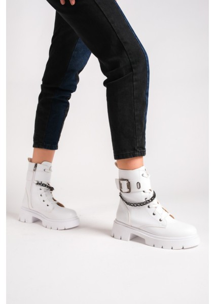 Manoral Su Geçirmez Zincirli Fermuarlı Kadın Beyaz Bot