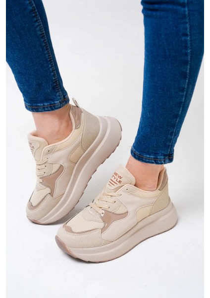 NZS Premium Triko Detaylı Bağcıklı Kadın Bej Sneaker