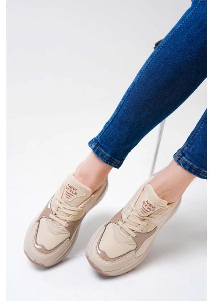 NZS Premium Triko Detaylı Bağcıklı Kadın Bej Sneaker