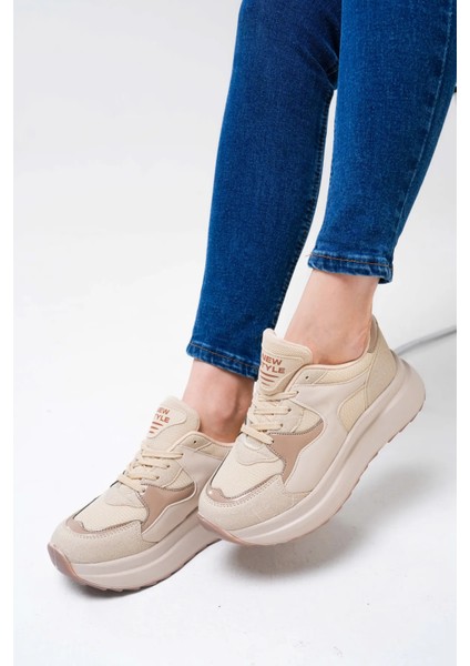 NZS Premium Triko Detaylı Bağcıklı Kadın Bej Sneaker