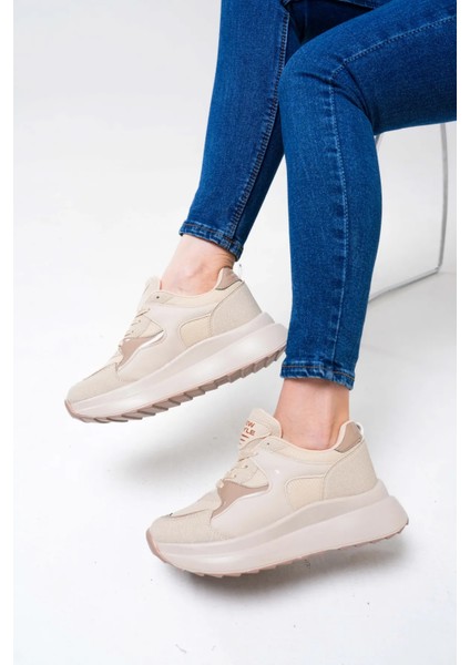 NZS Premium Triko Detaylı Bağcıklı Kadın Bej Sneaker