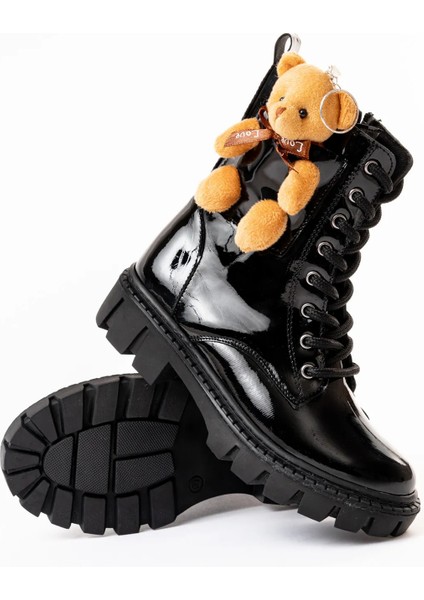 Ayıcık Kız Çocuk Anatomik Kalın Taban Ayıcık Aksesuarlı Bağcıklı Bot Siyah Rugan