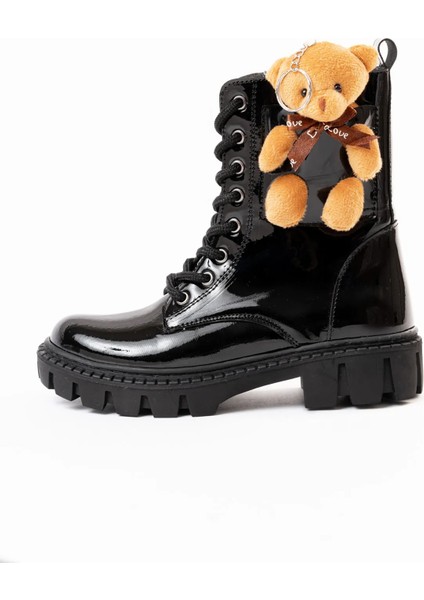 Ayıcık Kız Çocuk Anatomik Kalın Taban Ayıcık Aksesuarlı Bağcıklı Bot Siyah Rugan