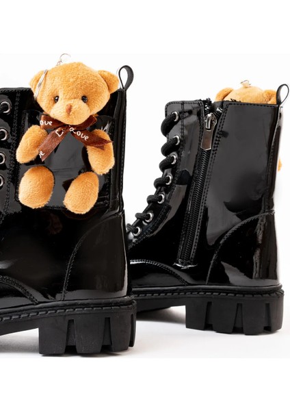 Ayıcık Kız Çocuk Anatomik Kalın Taban Ayıcık Aksesuarlı Bağcıklı Bot Siyah Rugan