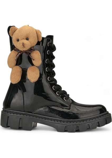 Ayıcık Kız Çocuk Anatomik Kalın Taban Ayıcık Aksesuarlı Bağcıklı Bot Siyah Rugan