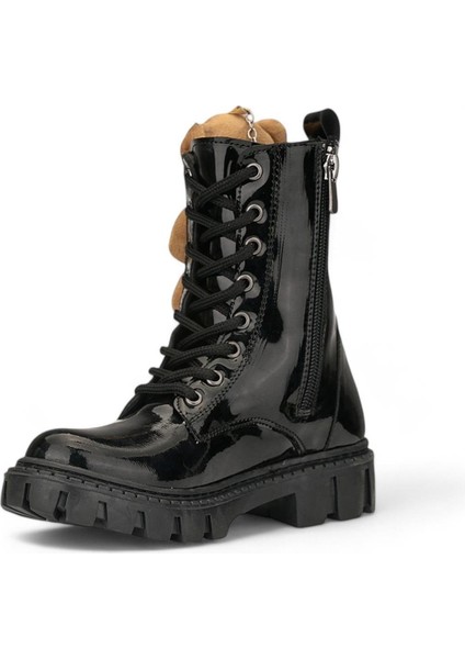 Ayıcık Kız Çocuk Anatomik Kalın Taban Ayıcık Aksesuarlı Bağcıklı Bot Siyah Rugan