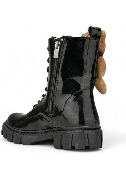 Ayıcık Kız Çocuk Anatomik Kalın Taban Ayıcık Aksesuarlı Bağcıklı Bot Siyah Rugan