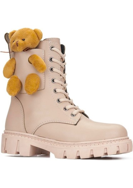 Ayıcık Kız Çocuk Anatomik Kalın Taban Ayıcık Aksesuarlı Bağcıklı Bot Bej