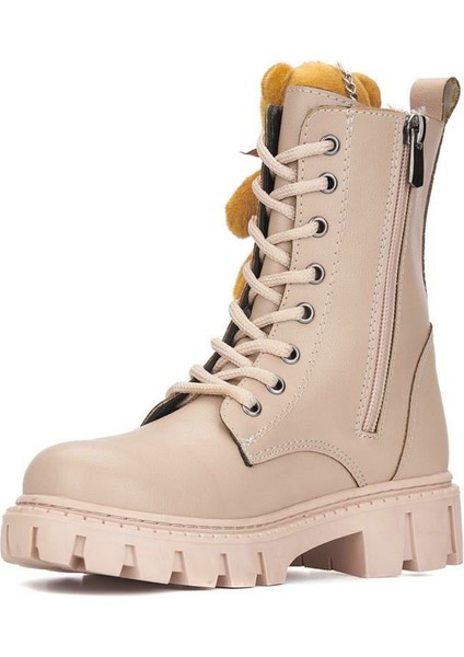 Ayıcık Kız Çocuk Anatomik Kalın Taban Ayıcık Aksesuarlı Bağcıklı Bot Bej