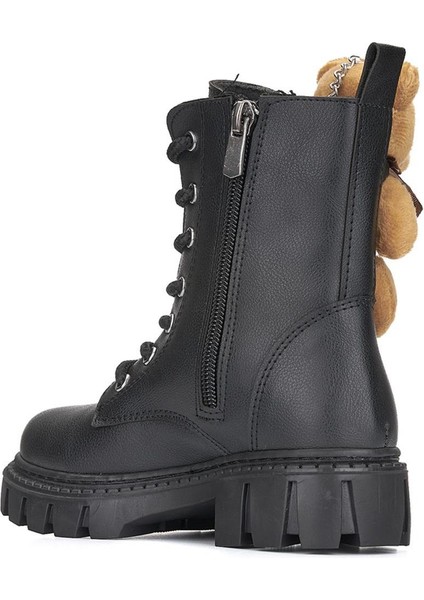 Ayıcık Kız Çocuk Anatomik Kalın Taban Ayıcık Aksesuarlı Bağcıklı Bot Siyah
