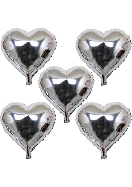 Buğz Kalp Şekilli Gümüş Renk Folyo Balon 45 cm 5 Adet