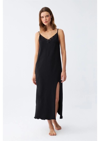 Moda Kadın Ip Askılı Uzun Gecelik Siyah