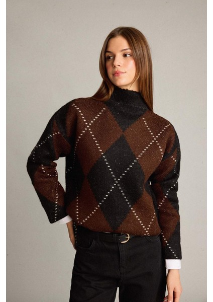 Overshirt Fit Yarım Balıkçı Yaka Baklava Desenli Triko Kazak G7522AX25WN