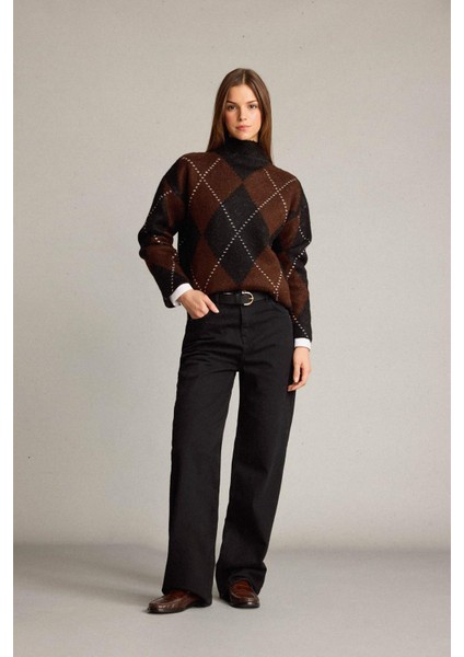 Overshirt Fit Yarım Balıkçı Yaka Baklava Desenli Triko Kazak G7522AX25WN fiyatları