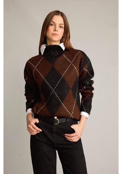 Overshirt Fit Yarım Balıkçı Yaka Baklava Desenli Triko Kazak G7522AX25WN modelleri