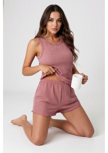 Kadın Tozlu Pembe Kenarları Fırfırlı Şortlu Kaşkorse Gecelik Takımı fiyatları