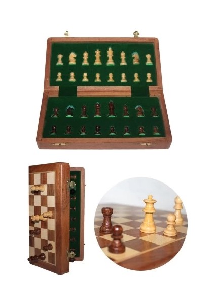 Buğz Mıknatıs Taşlı Ahşap Katlanabilir Kutulu Satranç Oyunu 30 cm