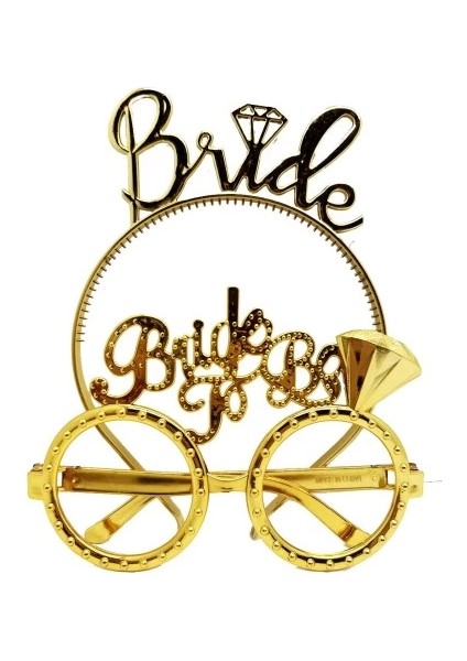 Buğz Bride Yazılı Taç ve Bride To Be Yazılı Gözlük Seti Altın Renk