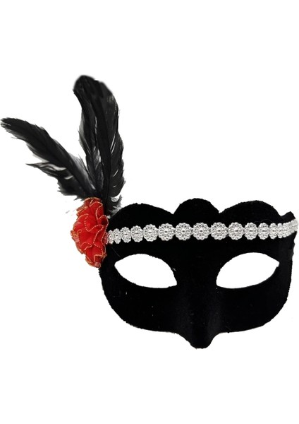 Buğz Gümüş Dantelli Kırmızı Gül Tasarımlı Parti Maskesi