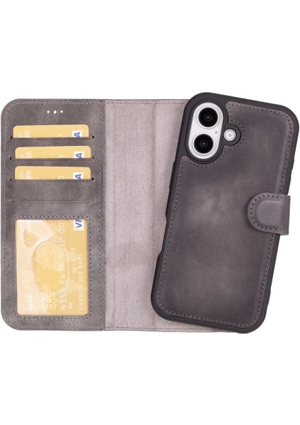 Buğz Apple iPhone 16 Plus Uyumlu, Hakiki Deri, El Yapımı, Cüzdanlı Kılıf, Gölgeli Gri
