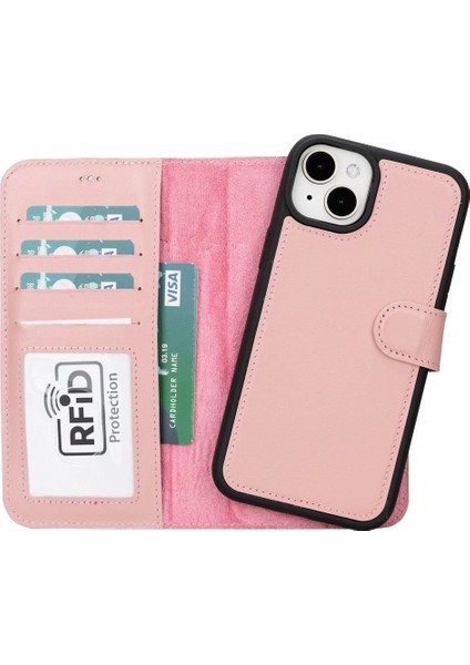 Buğz Apple iPhone 15 Plus Uyumlu Deri Cüzdanlı Kılıf Mwwn Nu2 Pembe