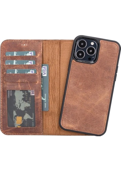Buğz Apple iPhone 12 Pro Max Uyumlu Deri Cüzdanlı Kılıf Antik Kahve