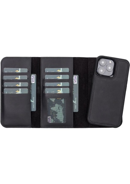 Buğz Apple iPhone 13 Pro Uyumlu Deri Cüzdanlı Kılıf Santa G1 Siyah