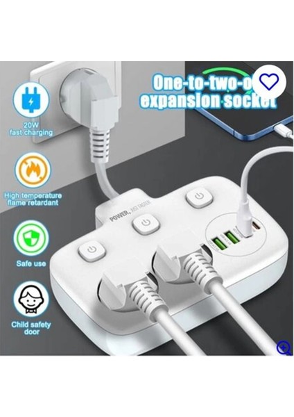 Buğz Akım Korumalı 2’li Ayrı Anahtarlı Priz, 2x Priz, 3x Usb, 1x Type-C, 2 mt Kablo, Hızlı Şarj