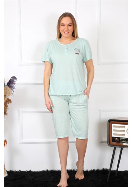 Kadın Büyük Beden Viscon Su Yeşili Kapri Pijama Takım