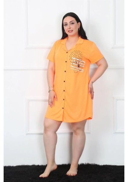 Büyük Beden Penye Düğmeli Turuncu Tunik Gecelik modelleri