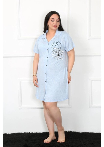 Büyük Beden Penye Düğmeli Mavi Tunik Gecelik