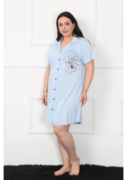 Büyük Beden Penye Düğmeli Mavi Tunik Gecelik modelleri