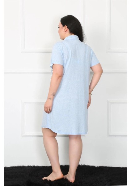 Büyük Beden Penye Düğmeli Mavi Tunik Gecelik fırsatları