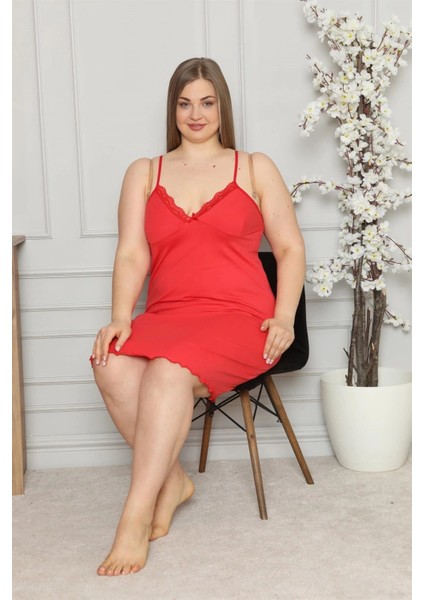 Kadın Pamuklu Ip Askılı Büyük Beden Gecelik Kırmızı fiyatları