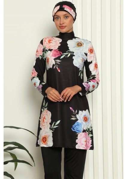 Tam Tesettür Dijital Desenli Mayo Siyah