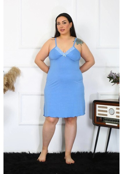 Kadın Pamuklu Mavi Ip Askılı Büyük Beden Gecelik modelleri