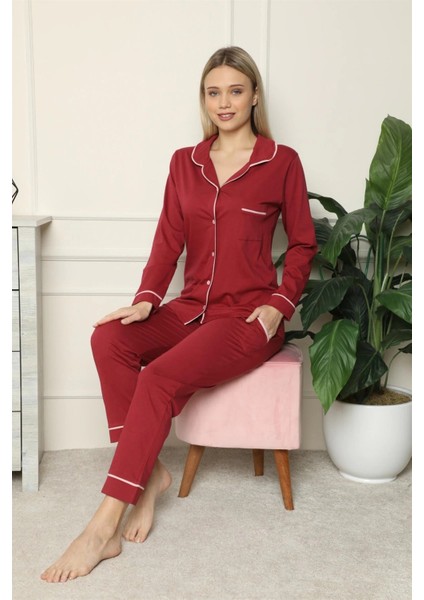 Kadın %100 Pamuk Penye Önden Düğmeli Uzun Kol Pijama Takım Bordo modelleri