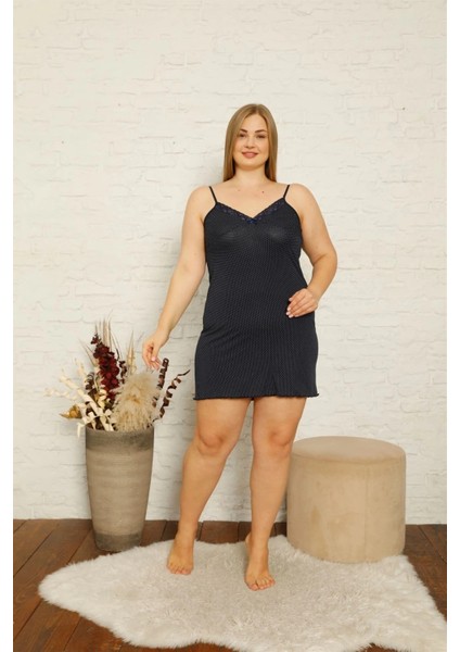 Kadın Pamuklu Ip Askılı Büyük Beden Gecelik Lacivert