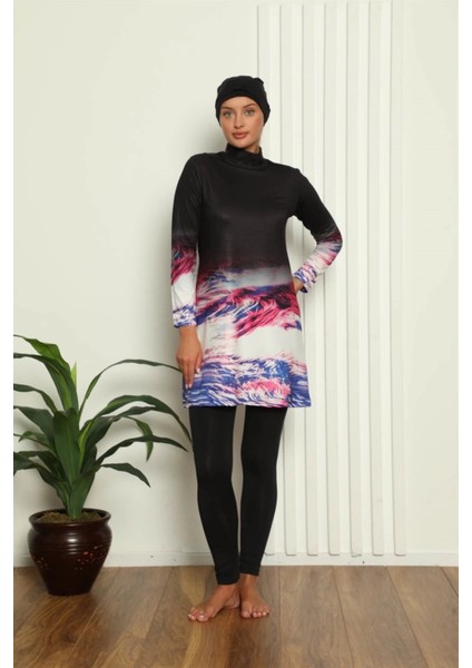 Tam Tesettür Dijital Desenli Mayo Siyah fiyatları