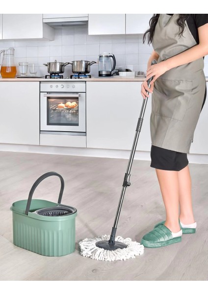 Otomatik Mop Seti Paspas ve Sıkma Kovası, 360° Döner Başlıklı Mikrofiber Yer Temizleme Gri