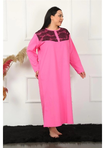 Büyük Beden Uzun Kol Dantelli Fuşya Anne Gecelik modelleri