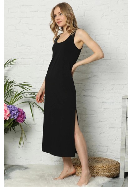 Kalın Askılı Siyah Penye Uzun Gecelik modelleri