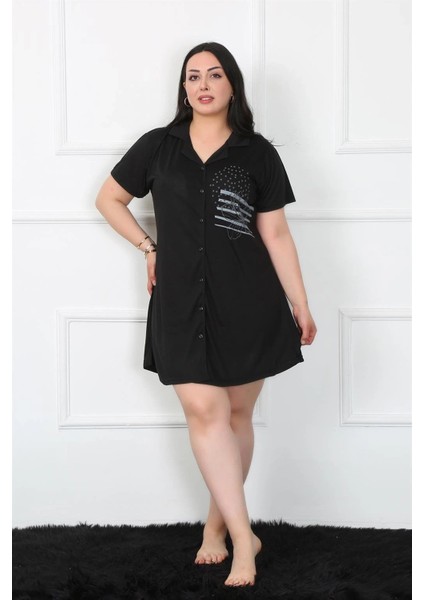Büyük Beden Penye Düğmeli Siyah Tunik Gecelik
