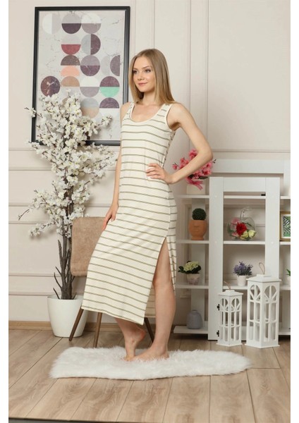 Kalın Askılı Penye Uzun Gecelik Bej